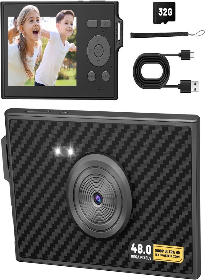 KINETIKITCH كاميرا رقمية فائقة النحافة بدقة 48 ميجابكسل للأطفال، تقريب بصري 16x، دقة FHD 1080P مع خاصية تثبيت الصورة، كاميرا صغيرة الحجم وسهلة الحمل للأطفال والمراهقين والطلاب مع بطاقة ذاكرة SD سعة 32 جيجابايت - Image 2